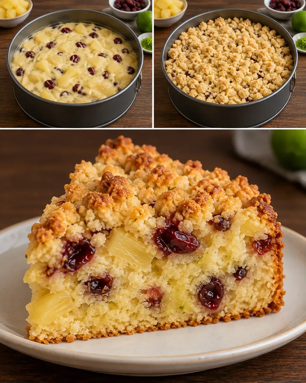 Torta con crumble — ananas, lime, mirtilli rossi
