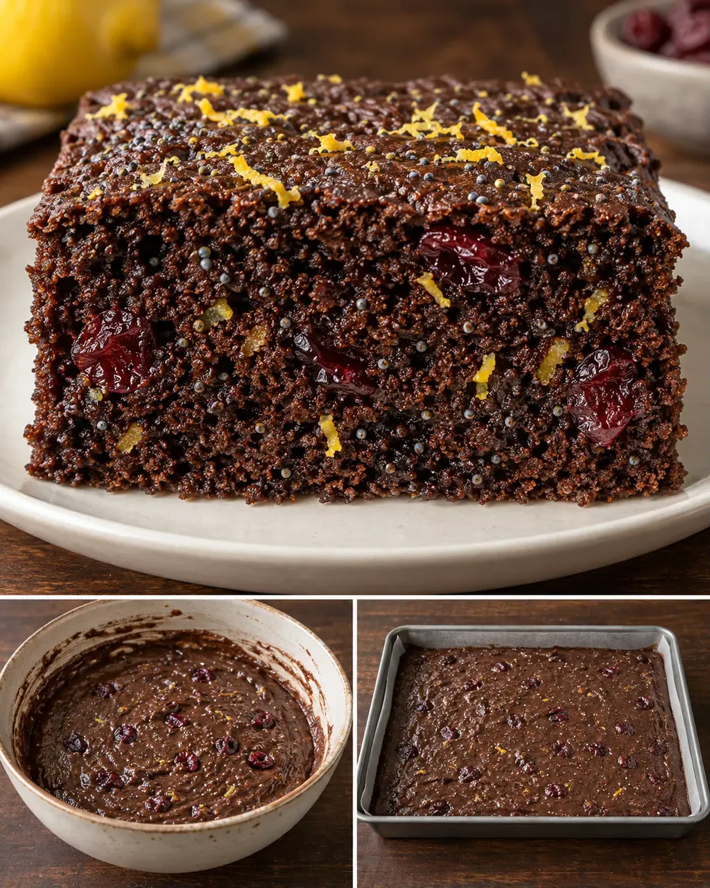 Torta al cacao — limone, papavero, mirtilli rossi