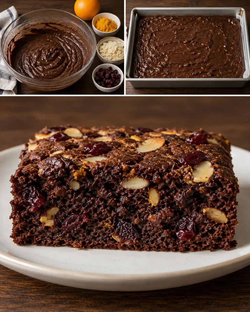 Torta al cacao — arancia, mandorle, mirtilli rossi