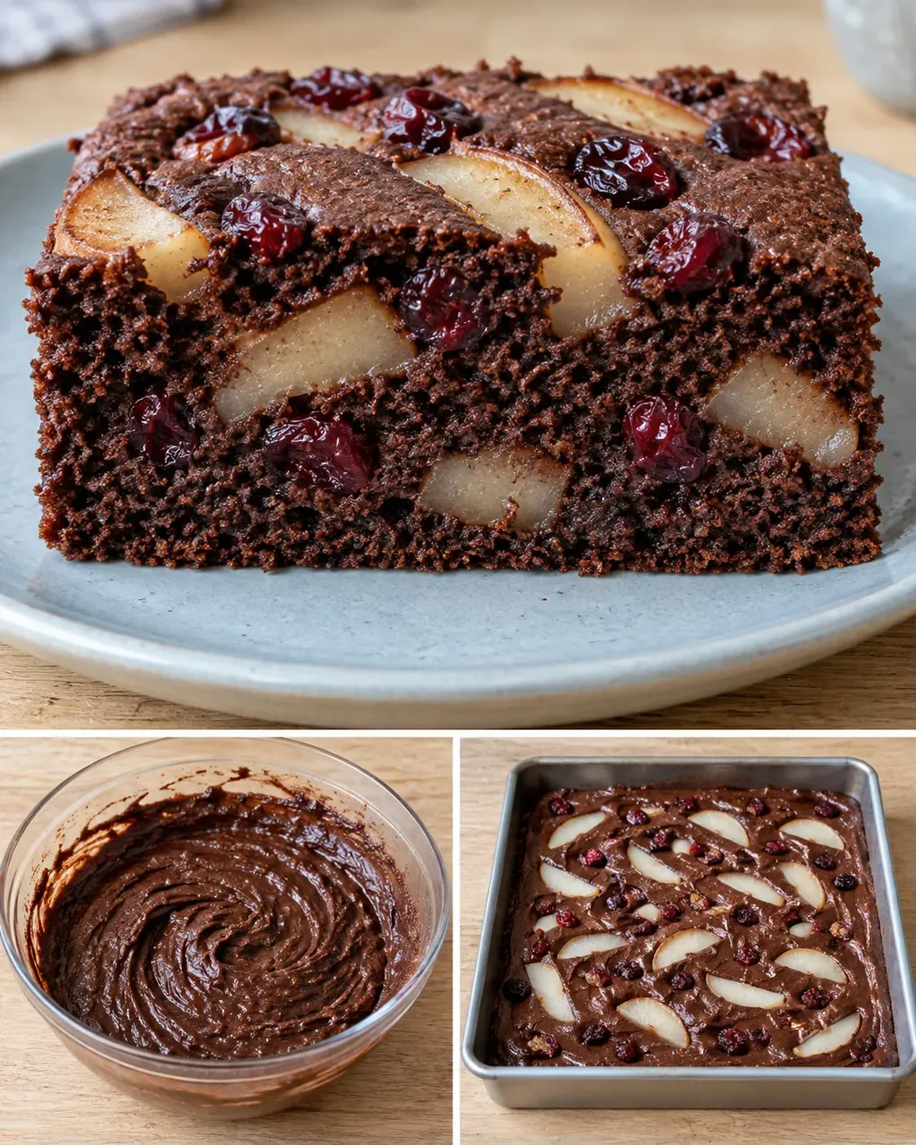 Torta al cacao — pere, cardamomo, mirtilli rossi