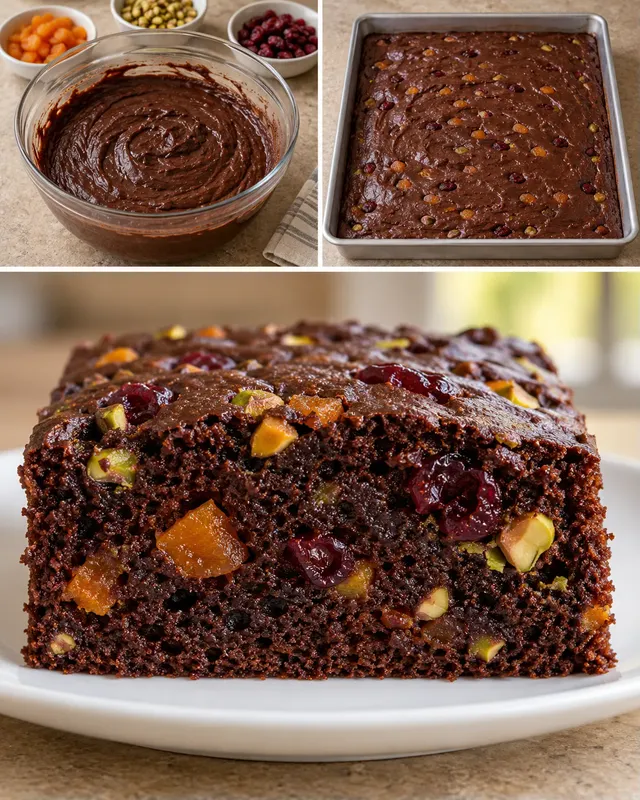 Torta al cacao — albicocche secche, pistacchi, mirtilli rossi
