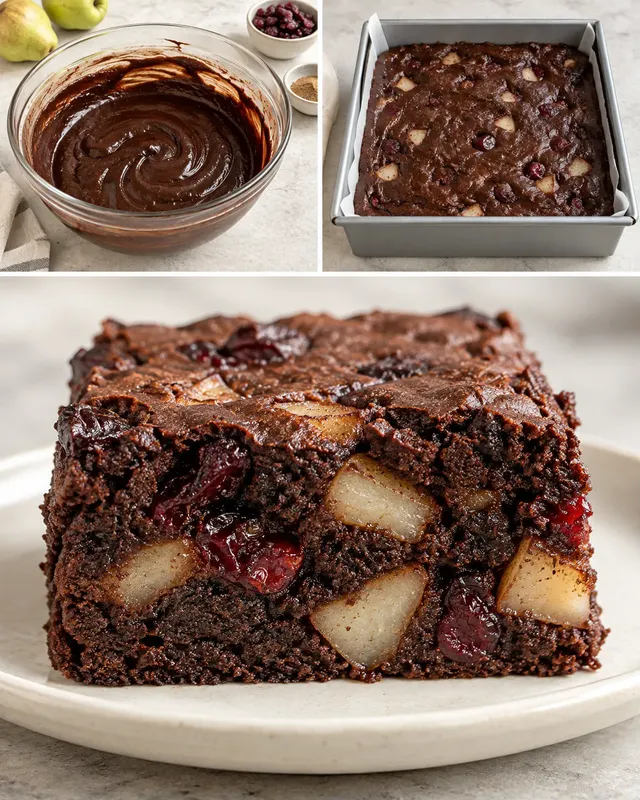 Brownie — pere, cardamomo, mirtilli rossi