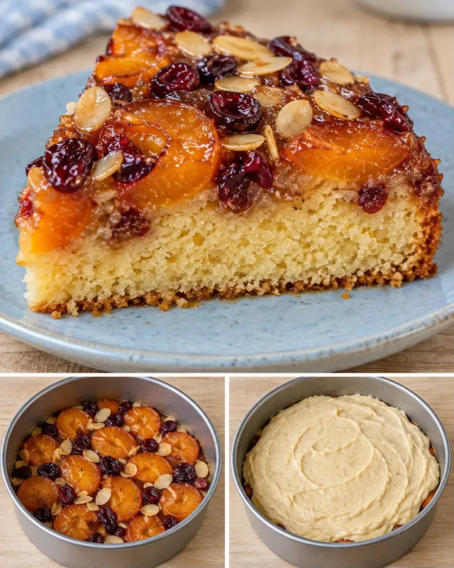 Torta rovesciata — albicocche, mandorle, mirtilli rossi