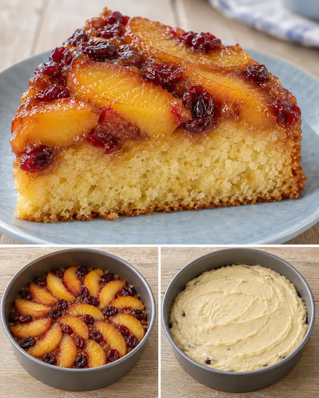 Torta rovesciata — pesche, vaniglia, mirtilli rossi