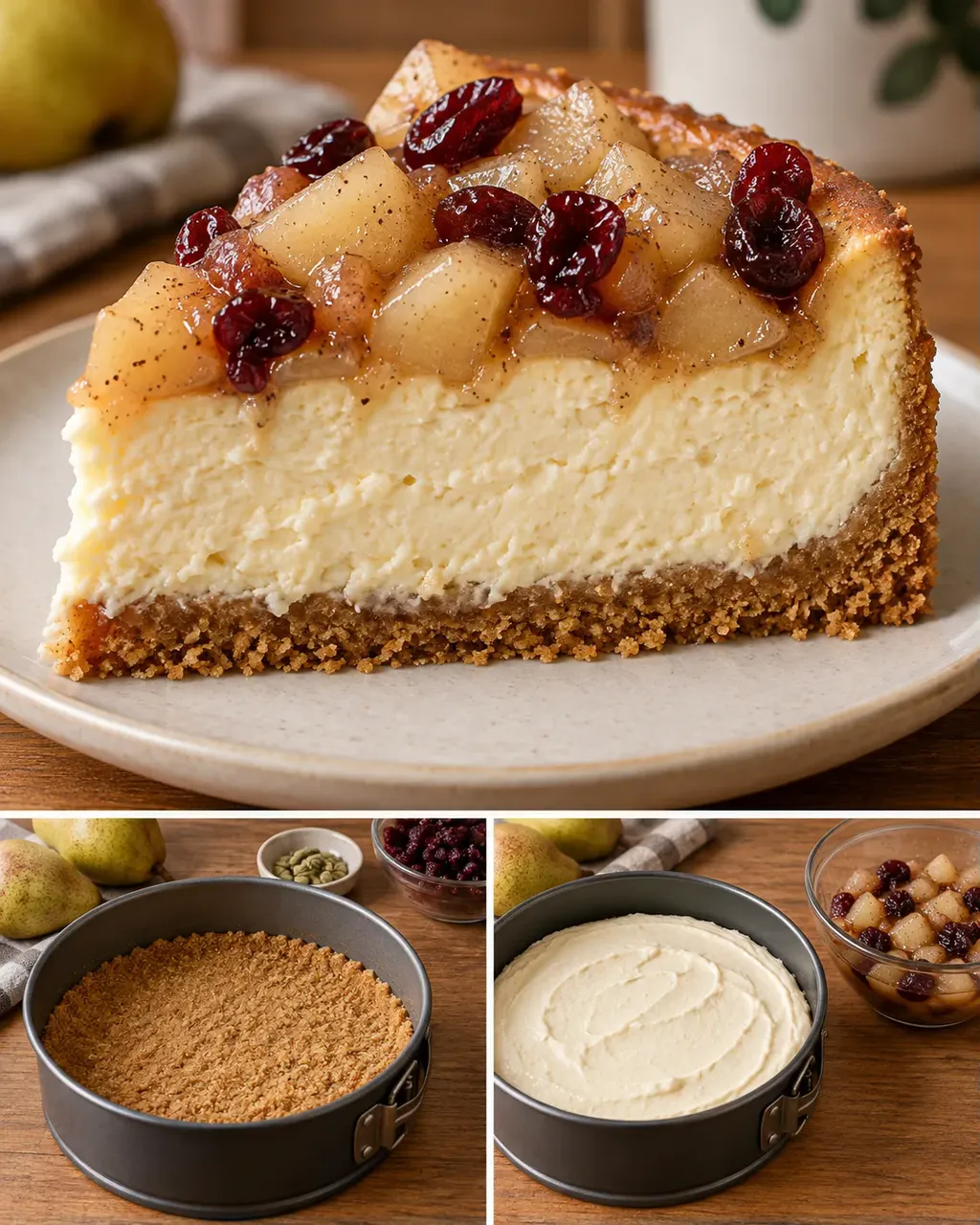 Cheesecake al forno — pere, cardamomo, mirtilli rossi