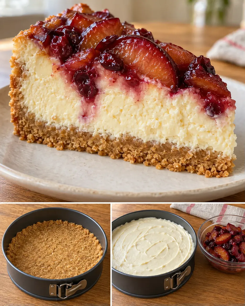 Cheesecake al forno — prugne, vaniglia, mirtilli rossi