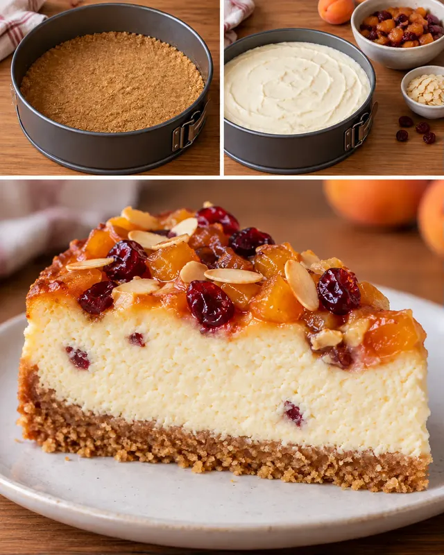 Cheesecake al forno — albicocche, mandorle, mirtilli rossi