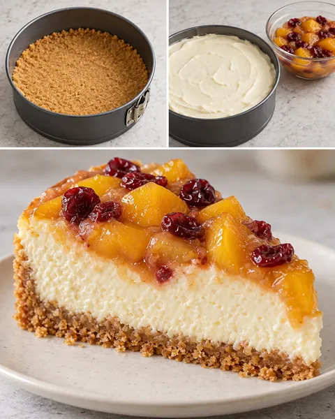 Cheesecake al forno — pesche, vaniglia, mirtilli rossi