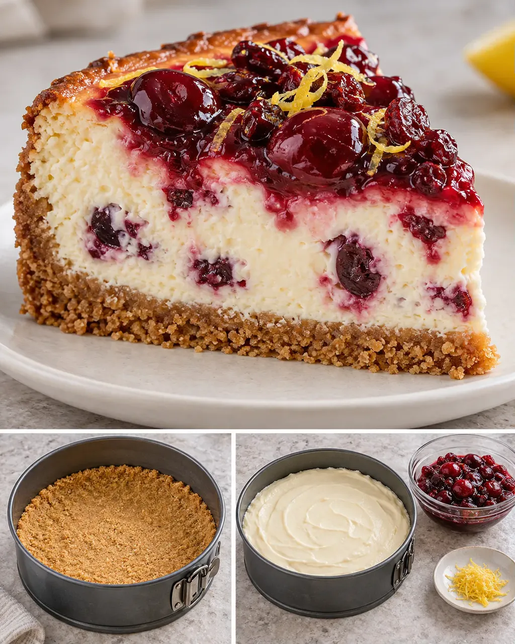 Cheesecake al forno — amarene, limone, mirtilli rossi