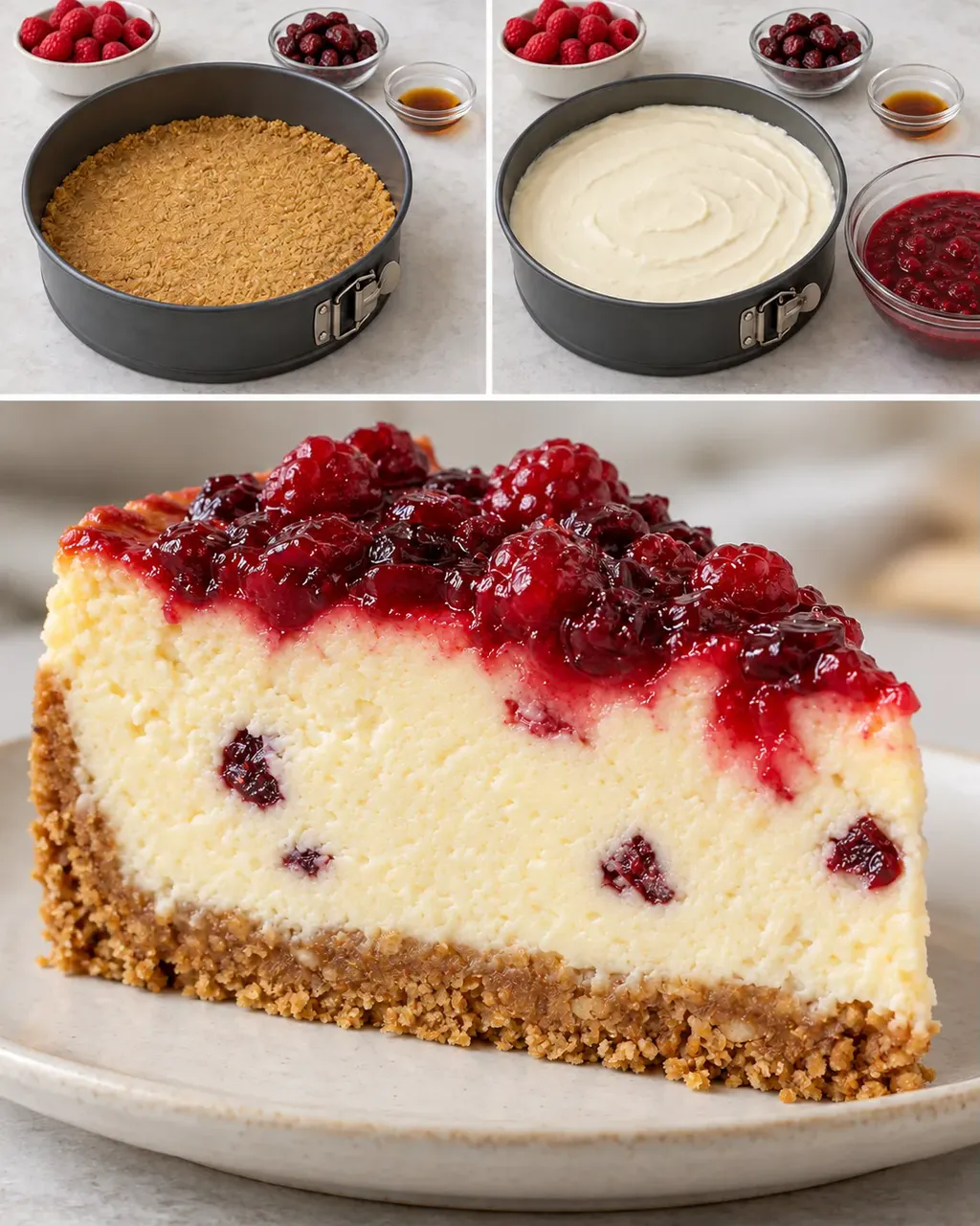 Cheesecake al forno — lamponi, vaniglia, mirtilli rossi