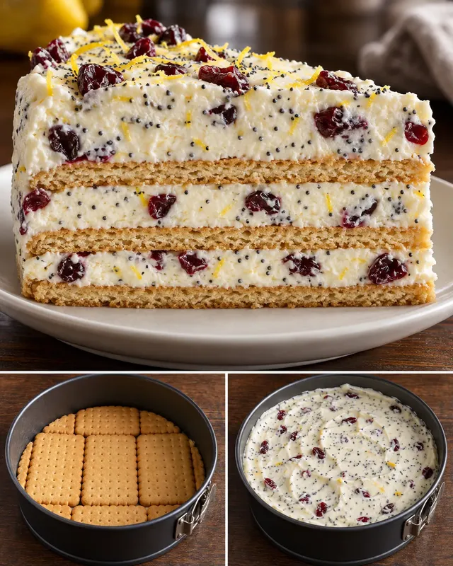 Torta fredda ai biscotti — limone, papavero, mirtilli rossi