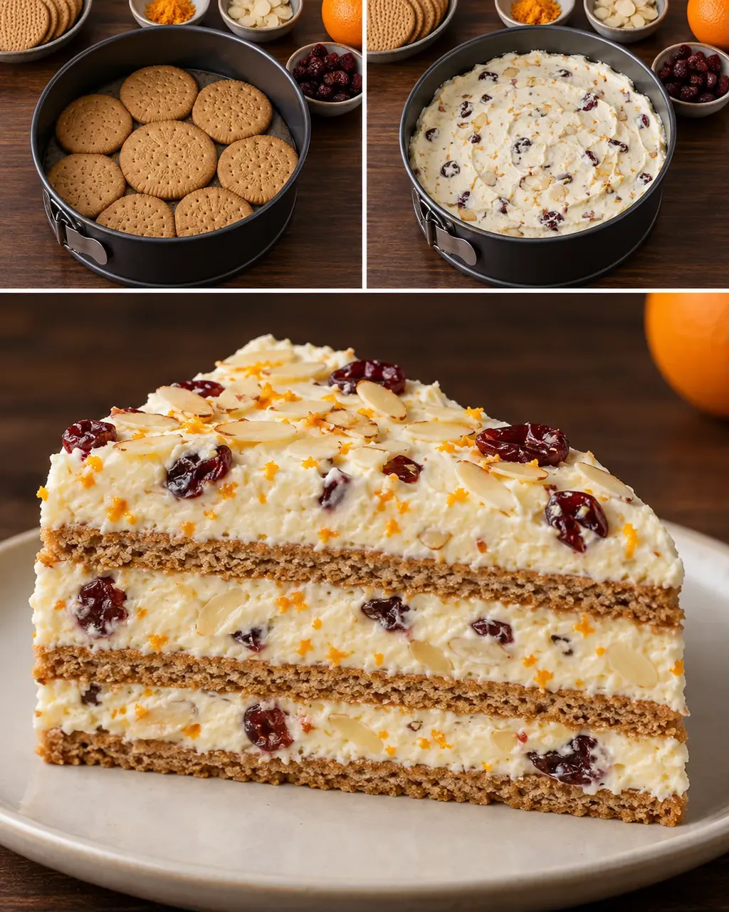 Torta fredda ai biscotti — arancia, mandorle, mirtilli rossi