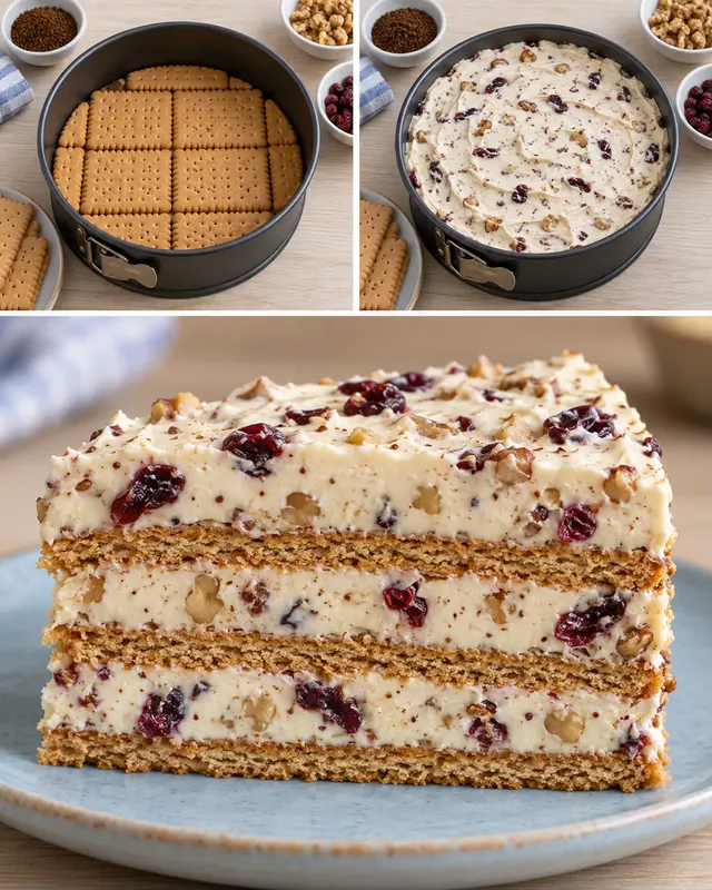 Torta fredda ai biscotti — caffè, noci, mirtilli rossi
