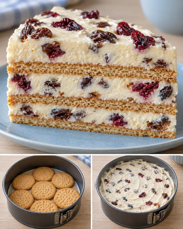 Torta fredda ai biscotti — uvetta, vaniglia, mirtilli rossi