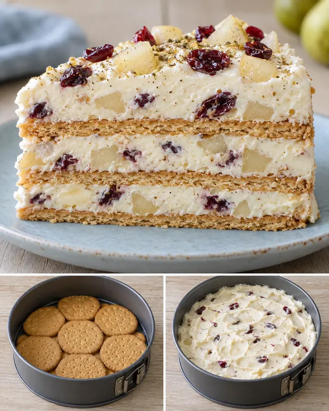 Torta fredda ai biscotti — pere, cardamomo, mirtilli rossi