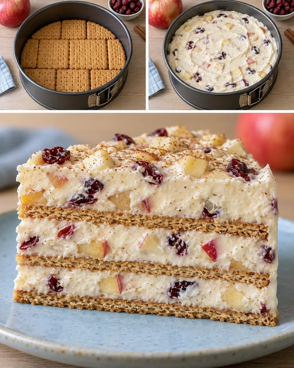 Torta fredda ai biscotti — mele, cannella, mirtilli rossi