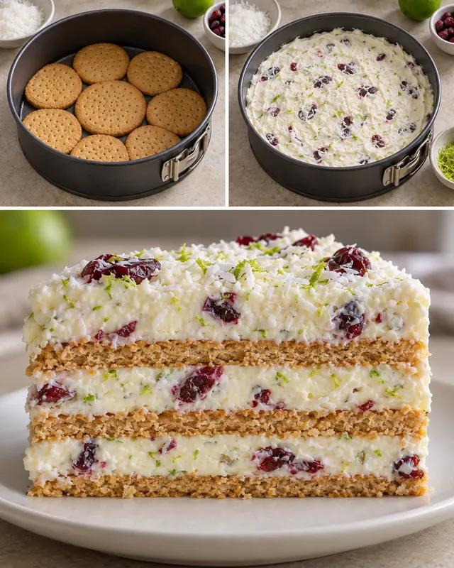 Torta fredda ai biscotti — cocco, lime, mirtilli rossi