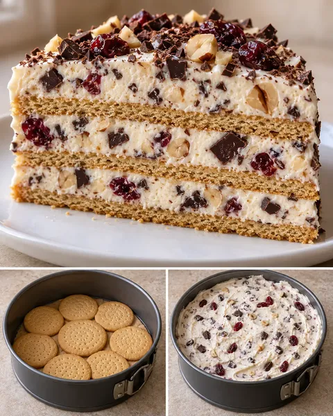 Torta fredda ai biscotti — cioccolato fondente, nocciole, mirtilli rossi