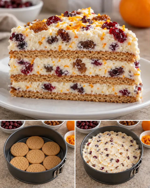 Torta fredda ai biscotti — mirtilli rossi, arancia, uvetta