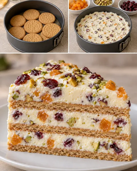 Torta fredda ai biscotti — albicocche secche, pistacchi, mirtilli rossi