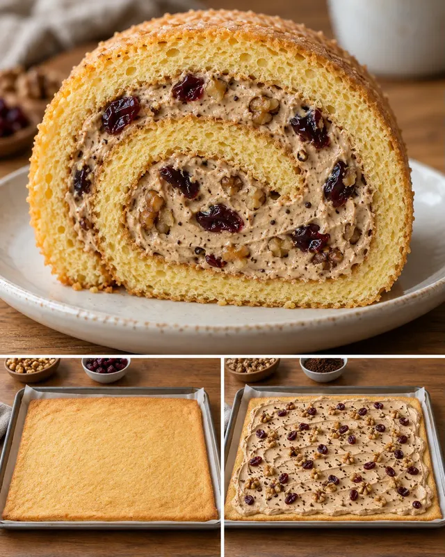 Rotolo di pan di Spagna — caffè, noci, mirtilli rossi