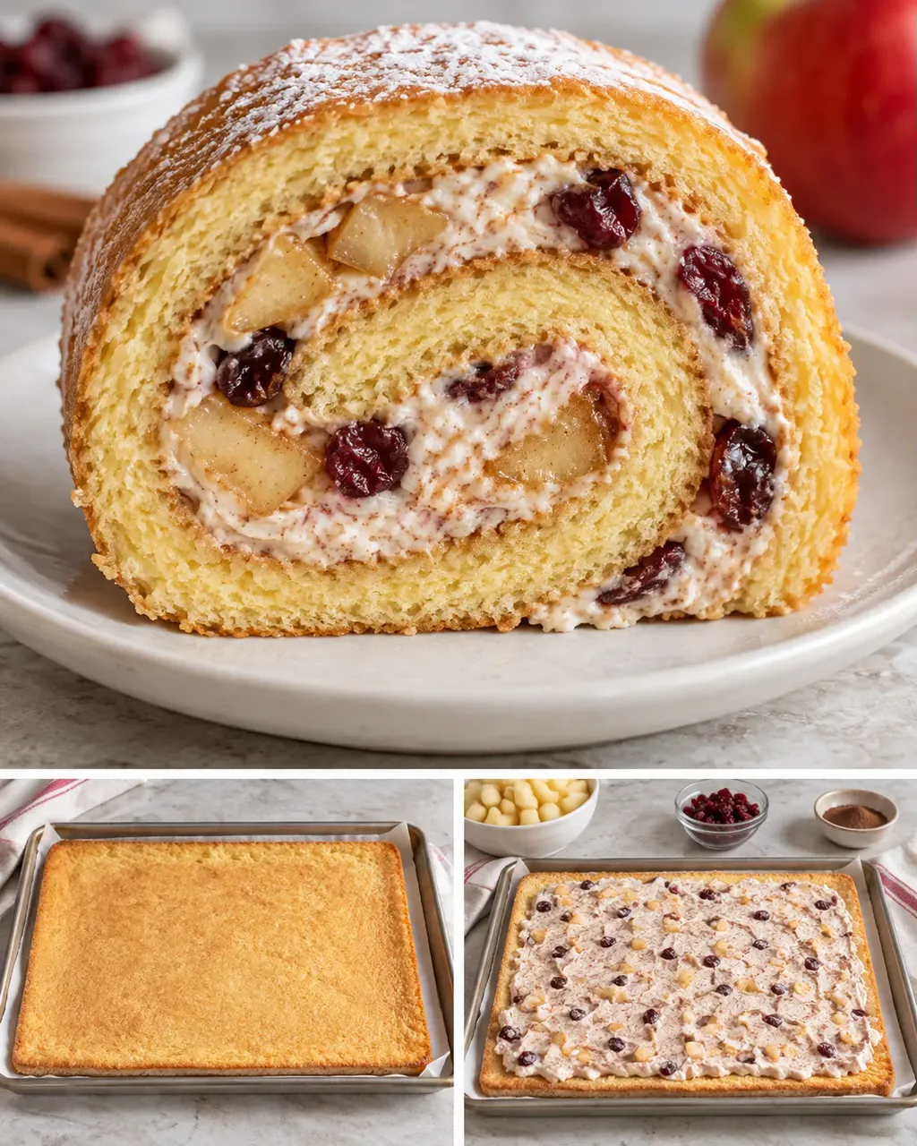 Rotolo di pan di Spagna — mele, cannella, mirtilli rossi