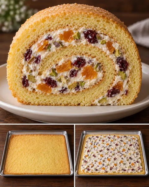 Rotolo di pan di Spagna — albicocche secche, pistacchi, mirtilli rossi