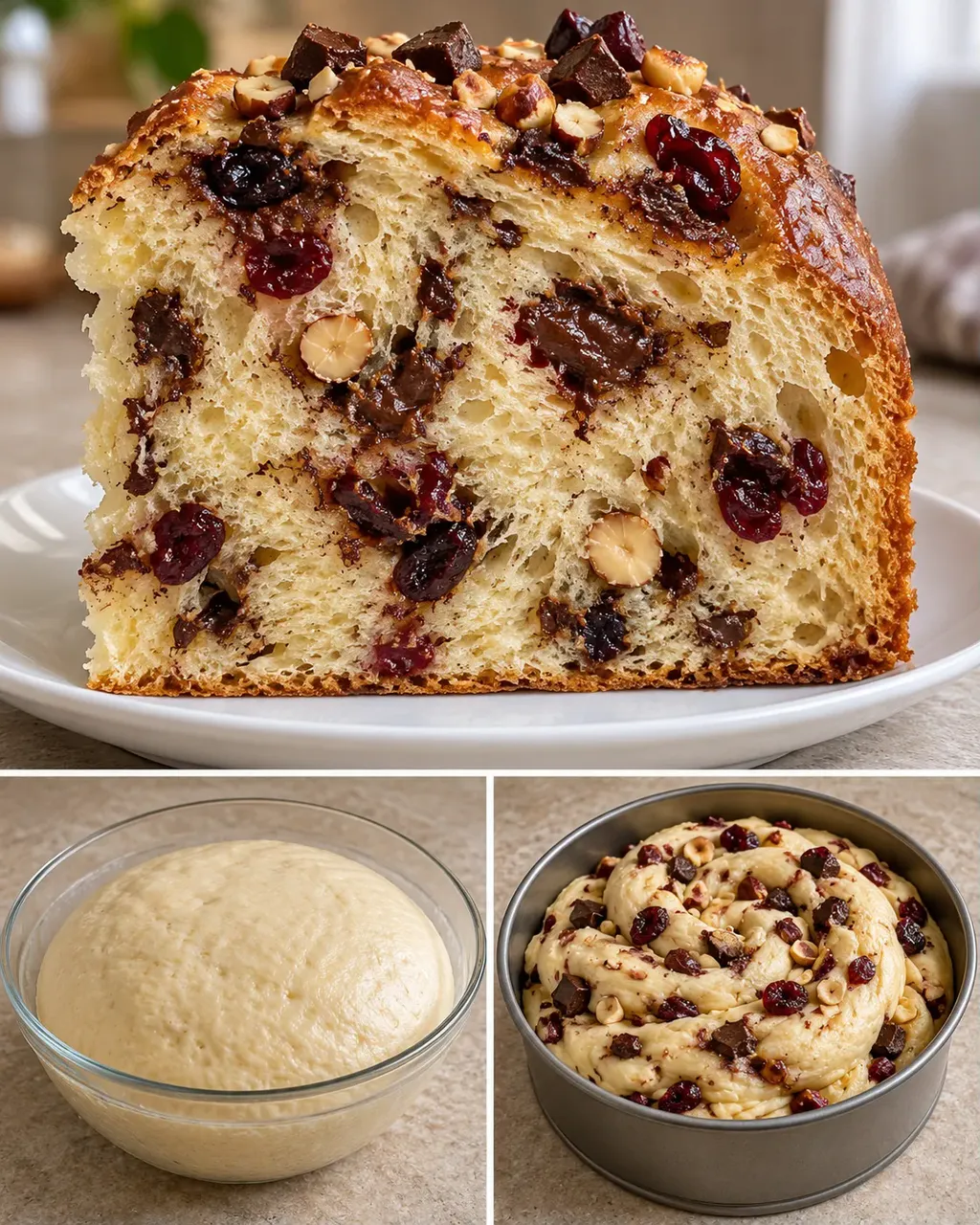 Dolce lievitato — cioccolato fondente, nocciole, mirtilli rossi