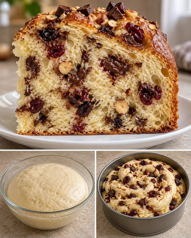 Dolce lievitato — cioccolato fondente, nocciole, mirtilli rossi