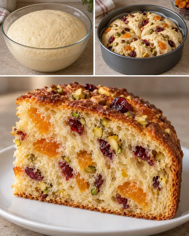 Dolce lievitato — albicocche secche, pistacchi, mirtilli rossi