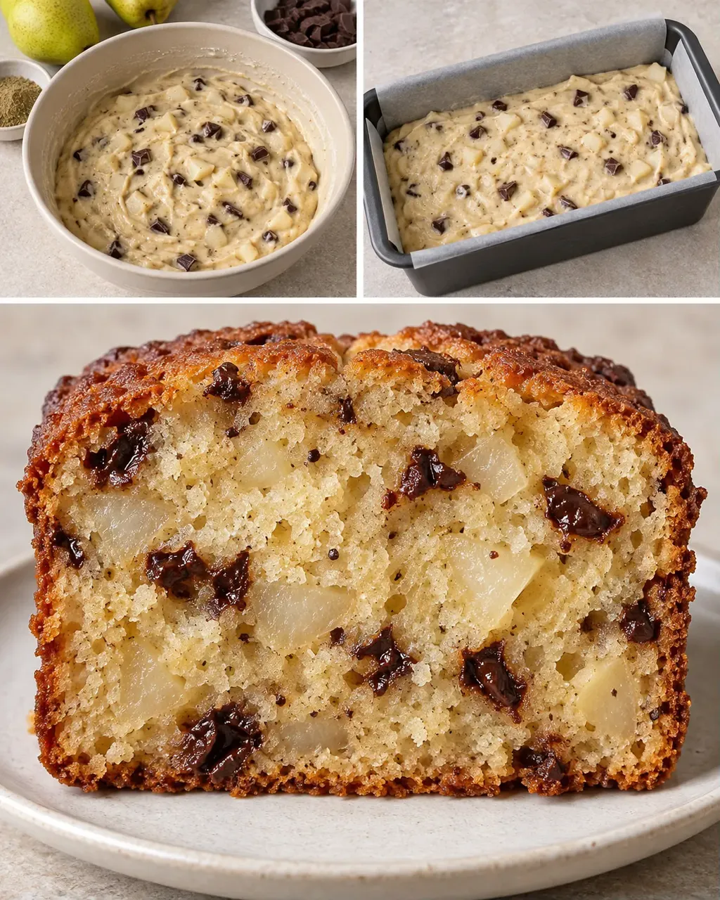 Plumcake al burro — pere, cardamomo, cioccolato fondente