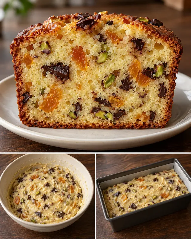 Plumcake al burro — albicocche secche, pistacchi, cioccolato fondente