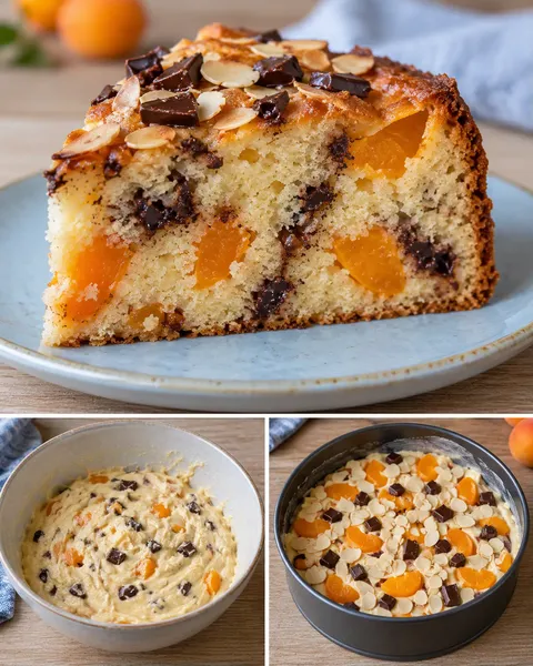 Torta allo yogurt — albicocche, mandorle, cioccolato fondente