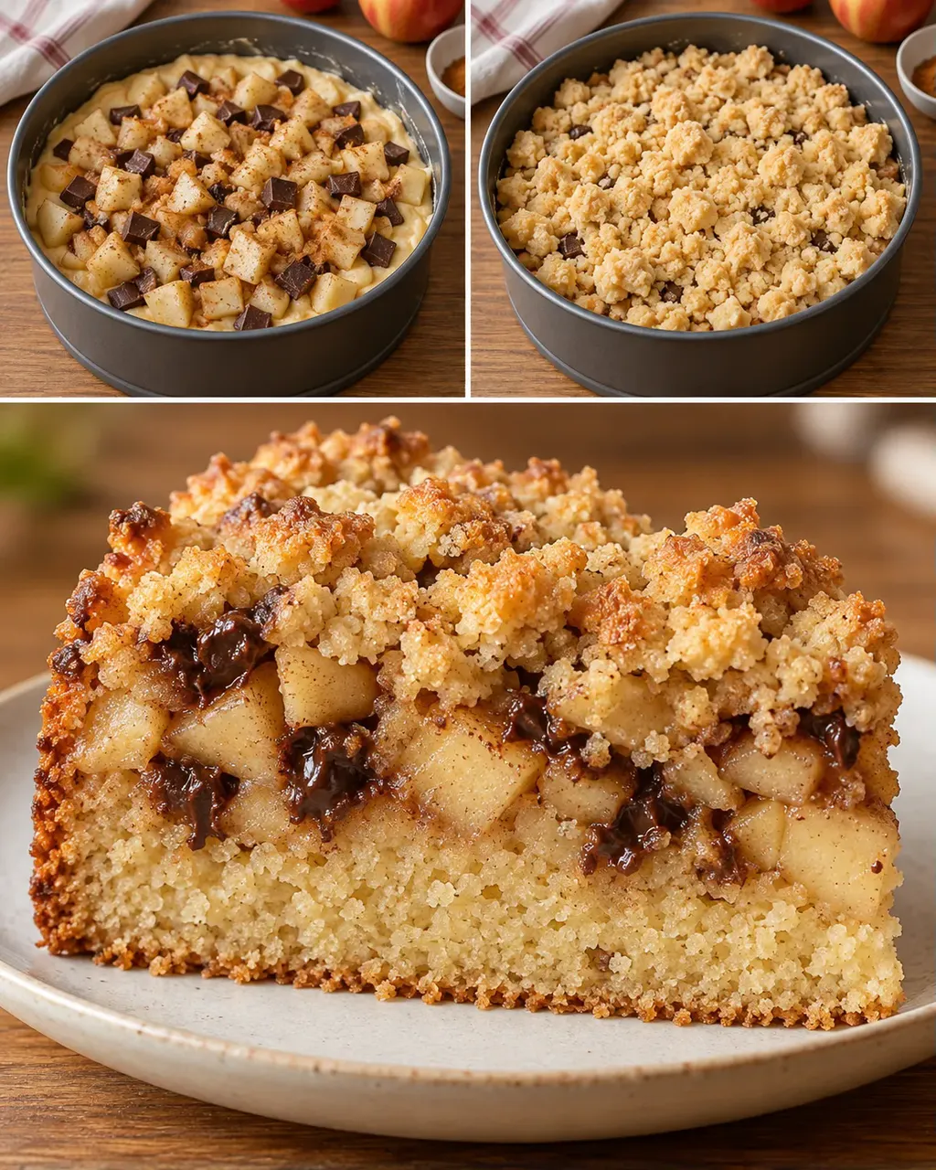 Torta con crumble — mele, cannella, cioccolato fondente