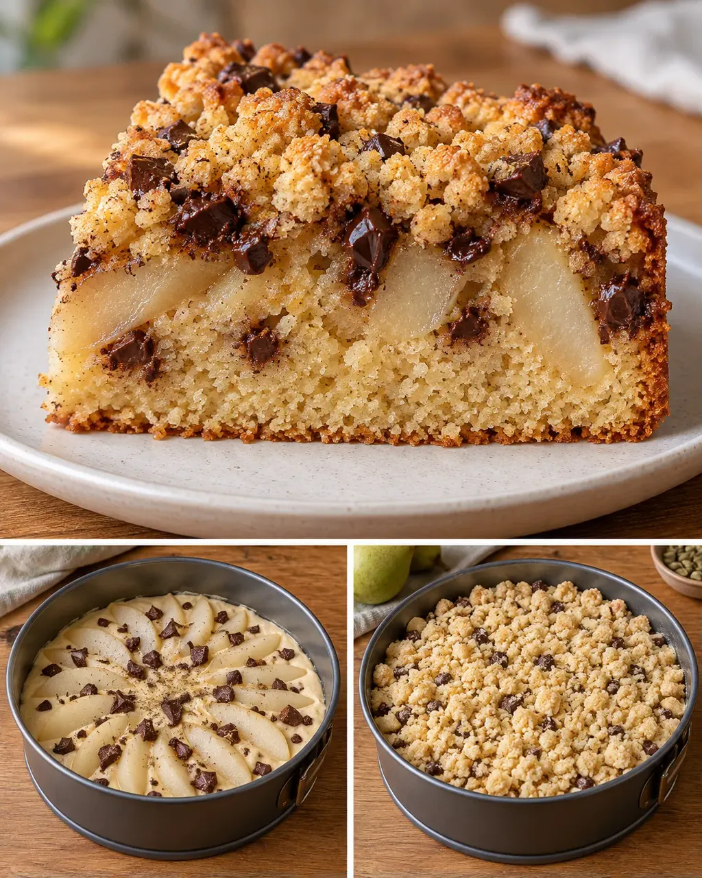 Torta con crumble — pere, cardamomo, cioccolato fondente