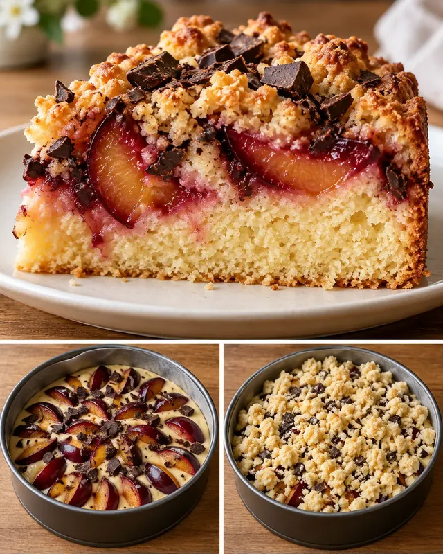 Torta con crumble — prugne, vaniglia, cioccolato fondente