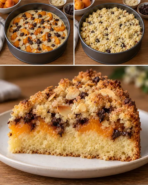 Torta con crumble — albicocche, mandorle, cioccolato fondente