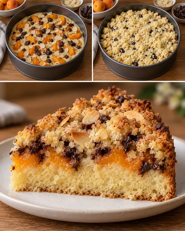 Torta con crumble — albicocche, mandorle, cioccolato fondente