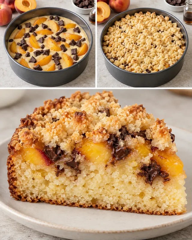 Torta con crumble — pesche, vaniglia, cioccolato fondente