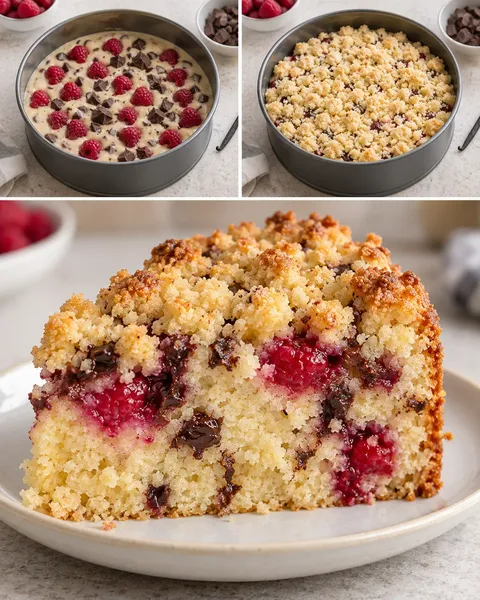 Torta con crumble — lamponi, vaniglia, cioccolato fondente
