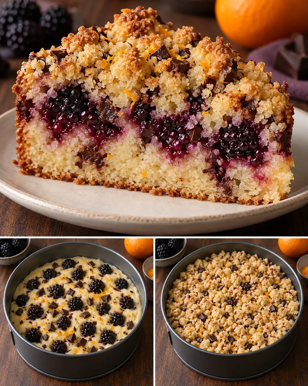 Torta con crumble — more, arancia, cioccolato fondente