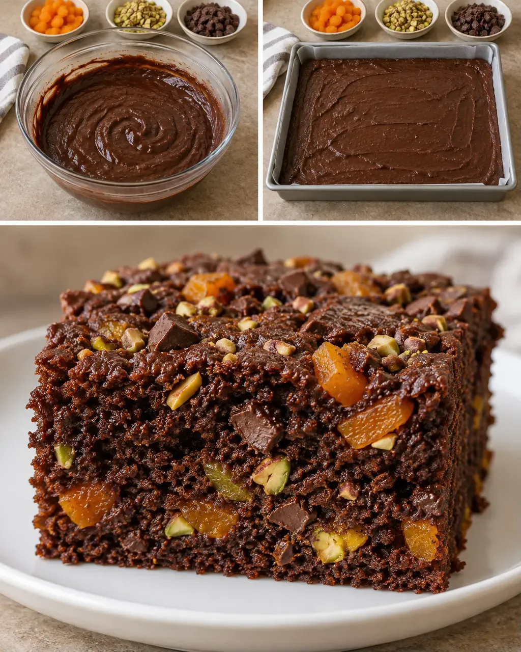 Torta al cacao — albicocche secche, pistacchi, cioccolato fondente
