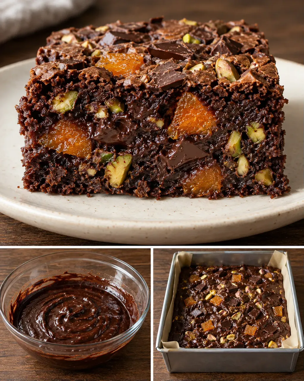 Brownie — albicocche secche, pistacchi, cioccolato fondente