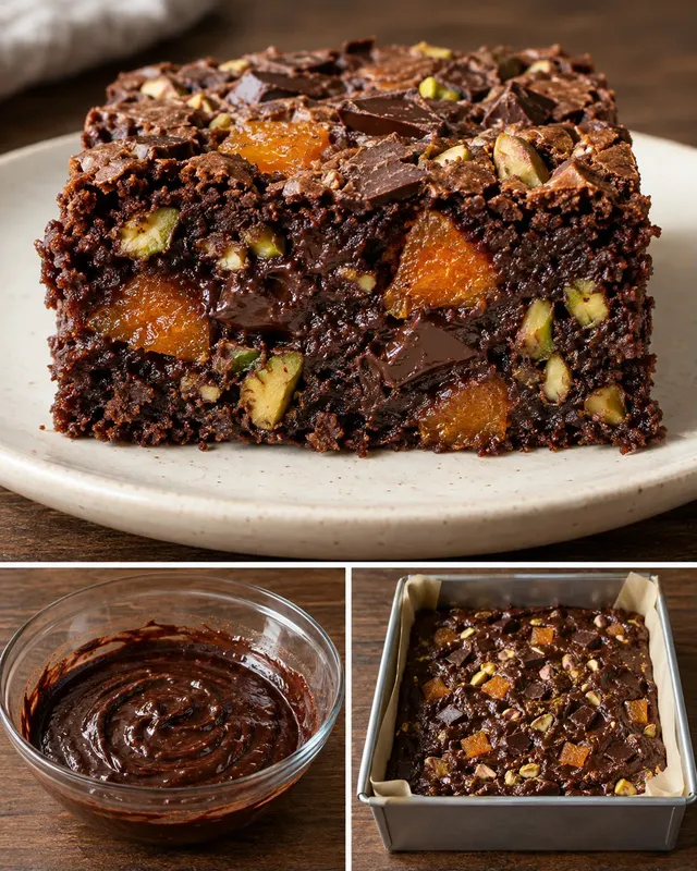 Brownie — albicocche secche, pistacchi, cioccolato fondente