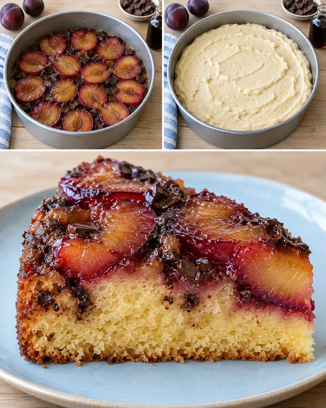 Torta rovesciata — prugne, vaniglia, cioccolato fondente