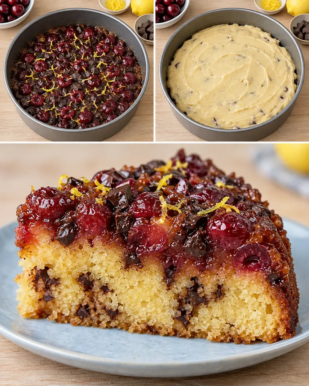 Torta rovesciata — amarene, limone, cioccolato fondente