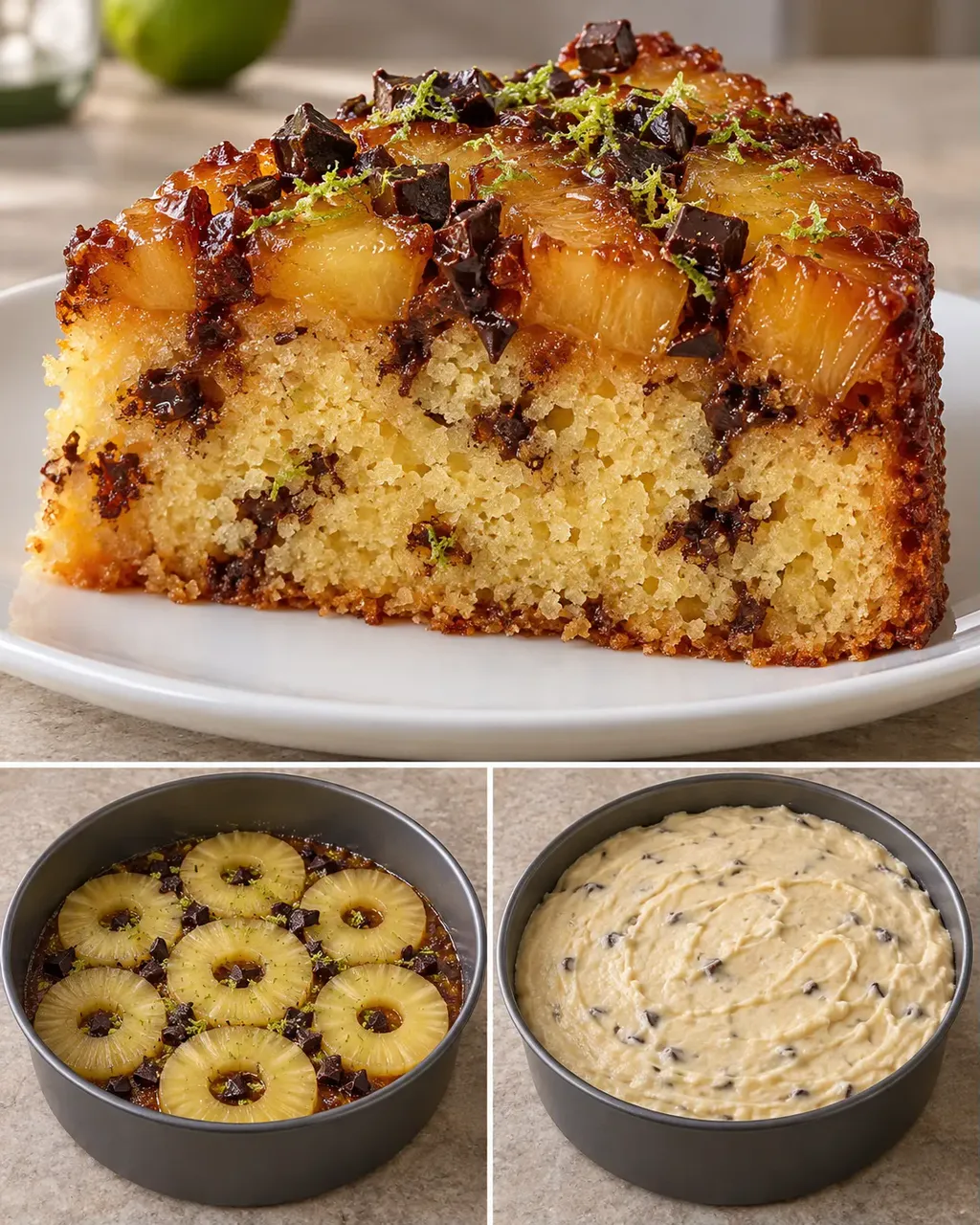 Torta rovesciata — ananas, lime, cioccolato fondente