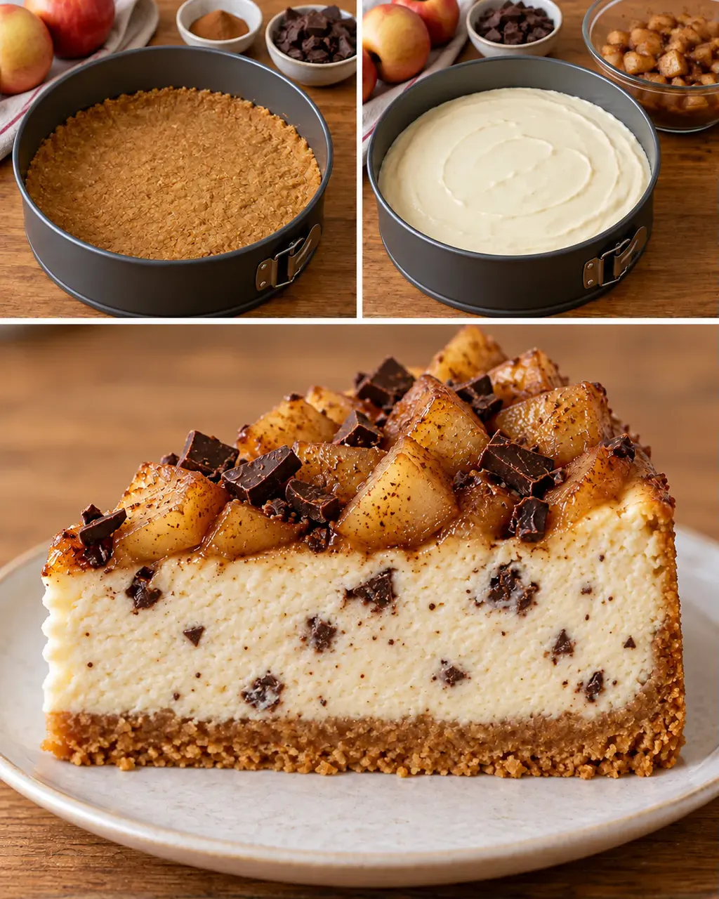 Cheesecake al forno — mele, cannella, cioccolato fondente