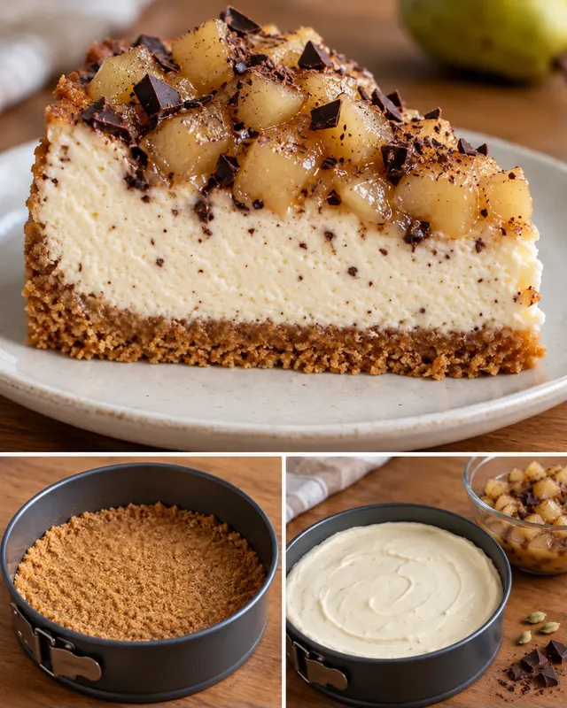Cheesecake al forno — pere, cardamomo, cioccolato fondente