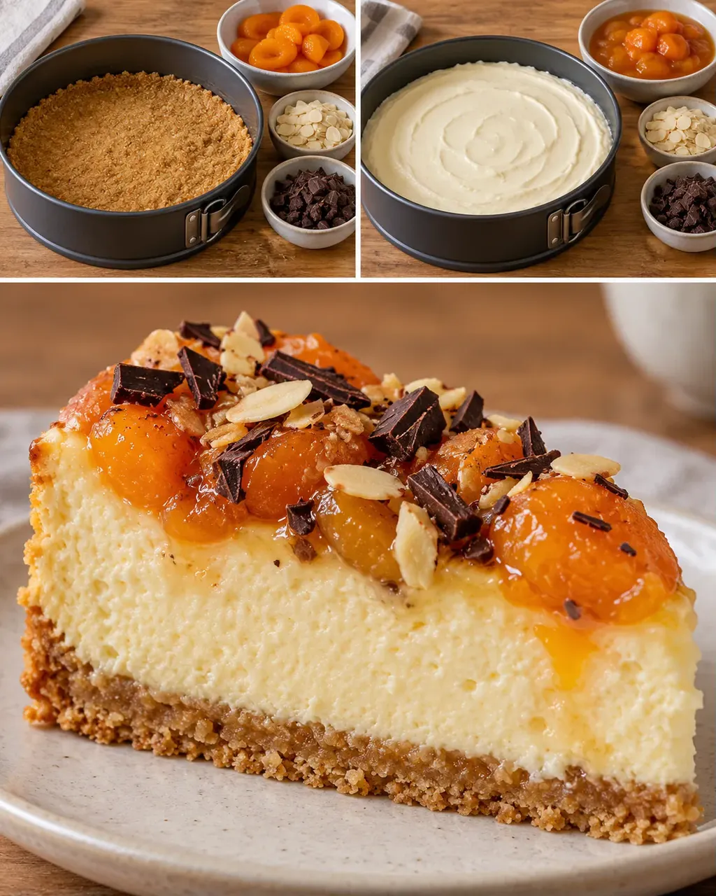 Cheesecake al forno — albicocche, mandorle, cioccolato fondente